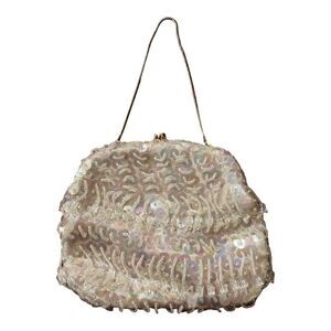 Vintage white purse, small beaded hand made, 80s vintage, wedding